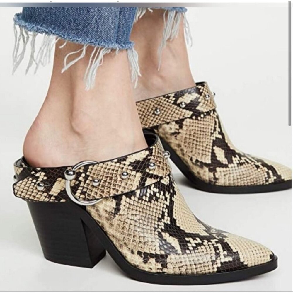 Women’s Snake Print Mule Booties in Beige
